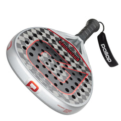 detaail of Dual Carbon Frame on advanced padel racket with EVA 28 foam grey and red 
