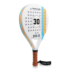 white padel racket with number 30 and colorful orange and blue lines