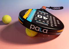 black padel racket with padel balls and details