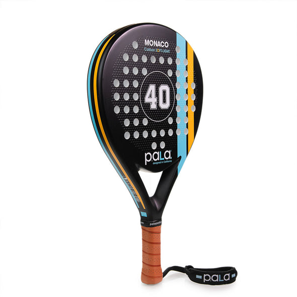 black padel racket with number 40 orange and blue lines and faux leather comfortable grip